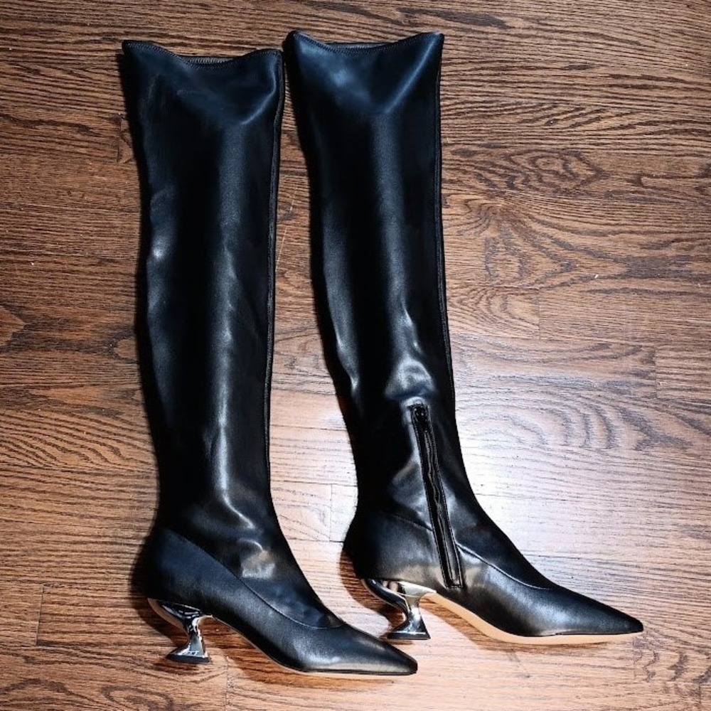Katy Perry The Laterr OTK Boots Women 9 Black Good Chrome Architectural Heel